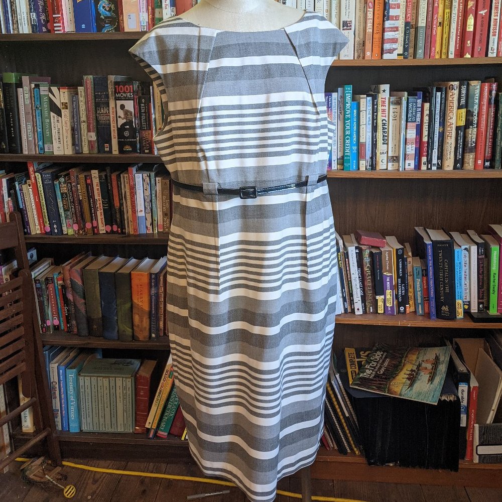 Calvin Klein Belted Grey Striped Sheath Dress